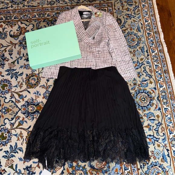 NWT Self Portrait Pink Boucle Tailored Midi Mixed Media Dress with Belt Size 8